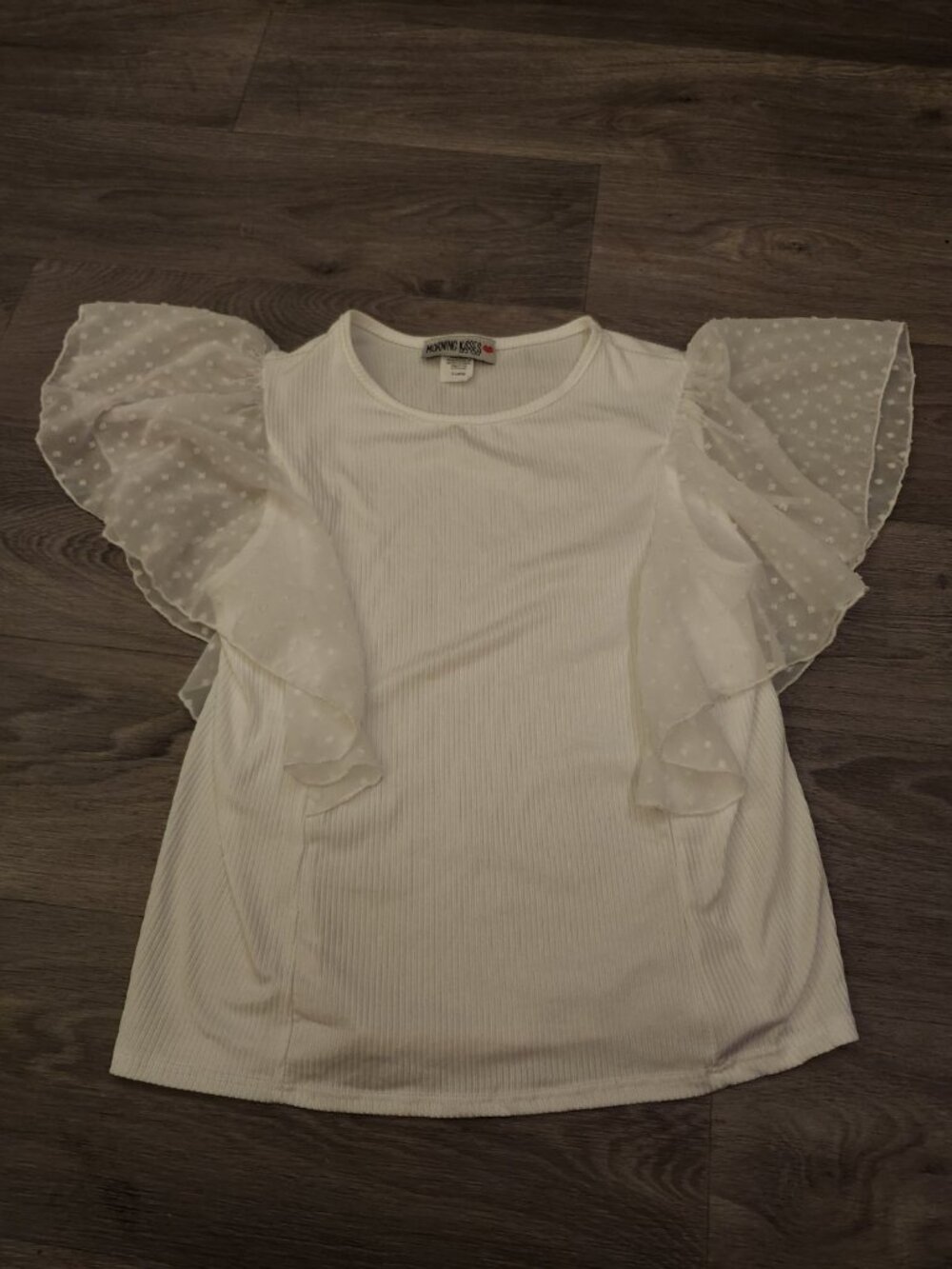 Juniors Y2K Blouse Morning Kisses Brand White with Lace Ruffle Sleeves Ribbed XL